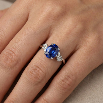 Natural Earth Mined Diamond Ring Oval Blue Sapphire With Marquise & Round Stones 4 Carats
