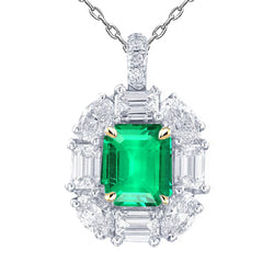 Natural Emerald Cut Green Emerald Pendant Diamond Necklace