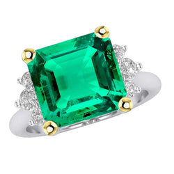 Natural Green Emerald And Diamond Ring 14K Gold Jewelry