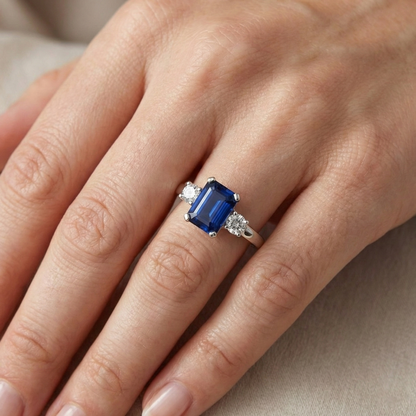 Natural Real ( Not Lab Grown )  3 Stone 2.50 Carats Ceylon Sapphire Anniversary Ring White Gold 14K