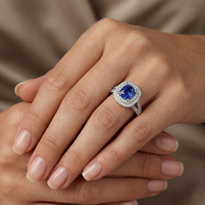 Natural Real ( Not Lab Grown )  Ceylon Sapphire Double Halo Ring Solid Gold 14K Jewelry 3.5 Ct