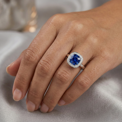 Natural Real ( Not Lab Grown )  Cushion And Round Cut 3 Ct Kashmir Sapphire Ring White Gold 14K