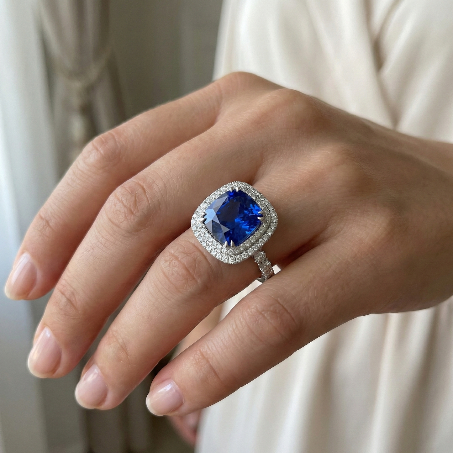 Natural Real ( Not Lab Grown )  Cushion Cut Sapphire Engagement Ring