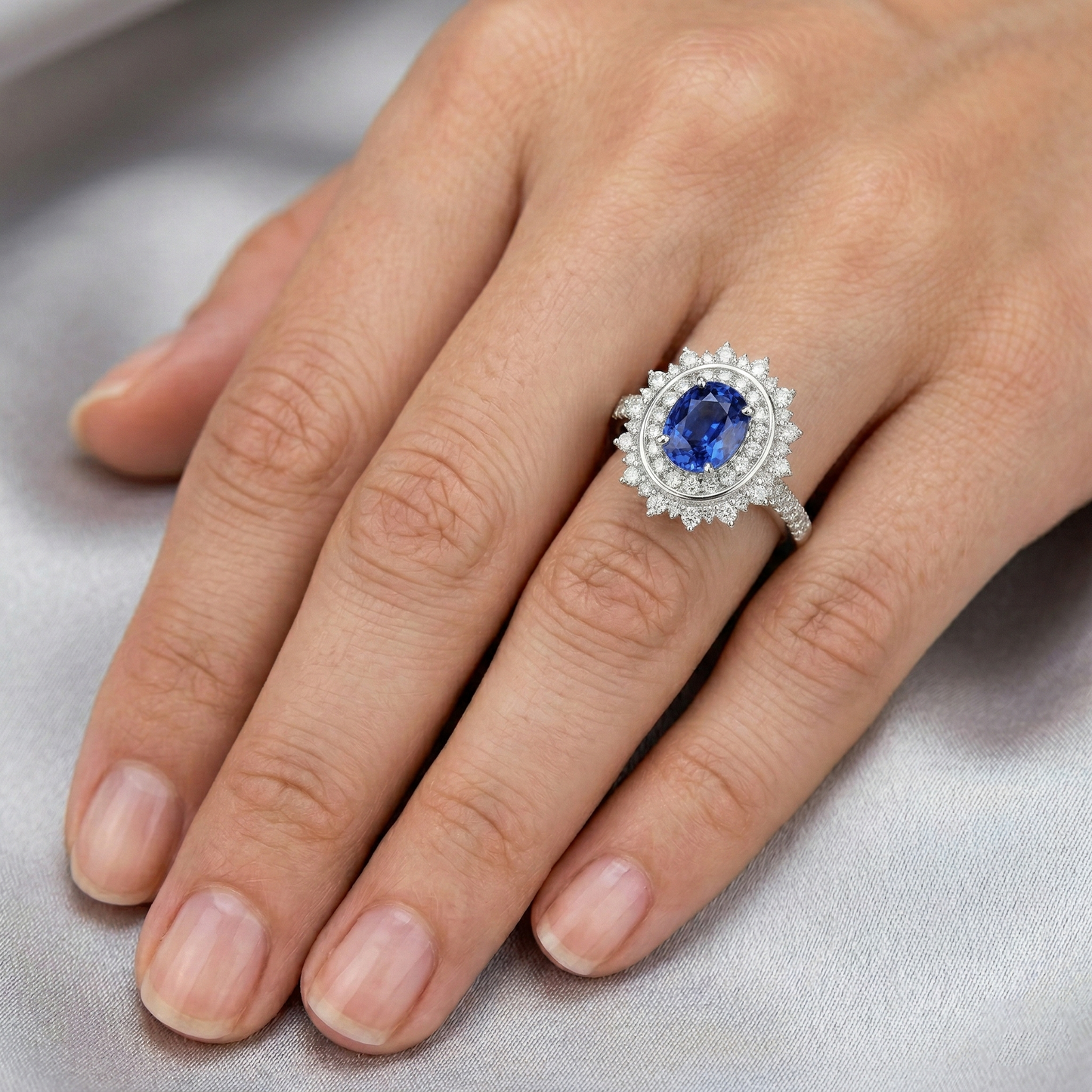 Natural Real ( Not Lab Grown )  Double Halo Oval Blue Sapphire Ring Bezel Set 4 Carats Star Style
