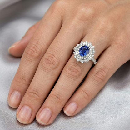 Natural Real ( Not Lab Grown )  Double Halo Oval Blue Sapphire Ring Bezel Set 4 Carats Star Style