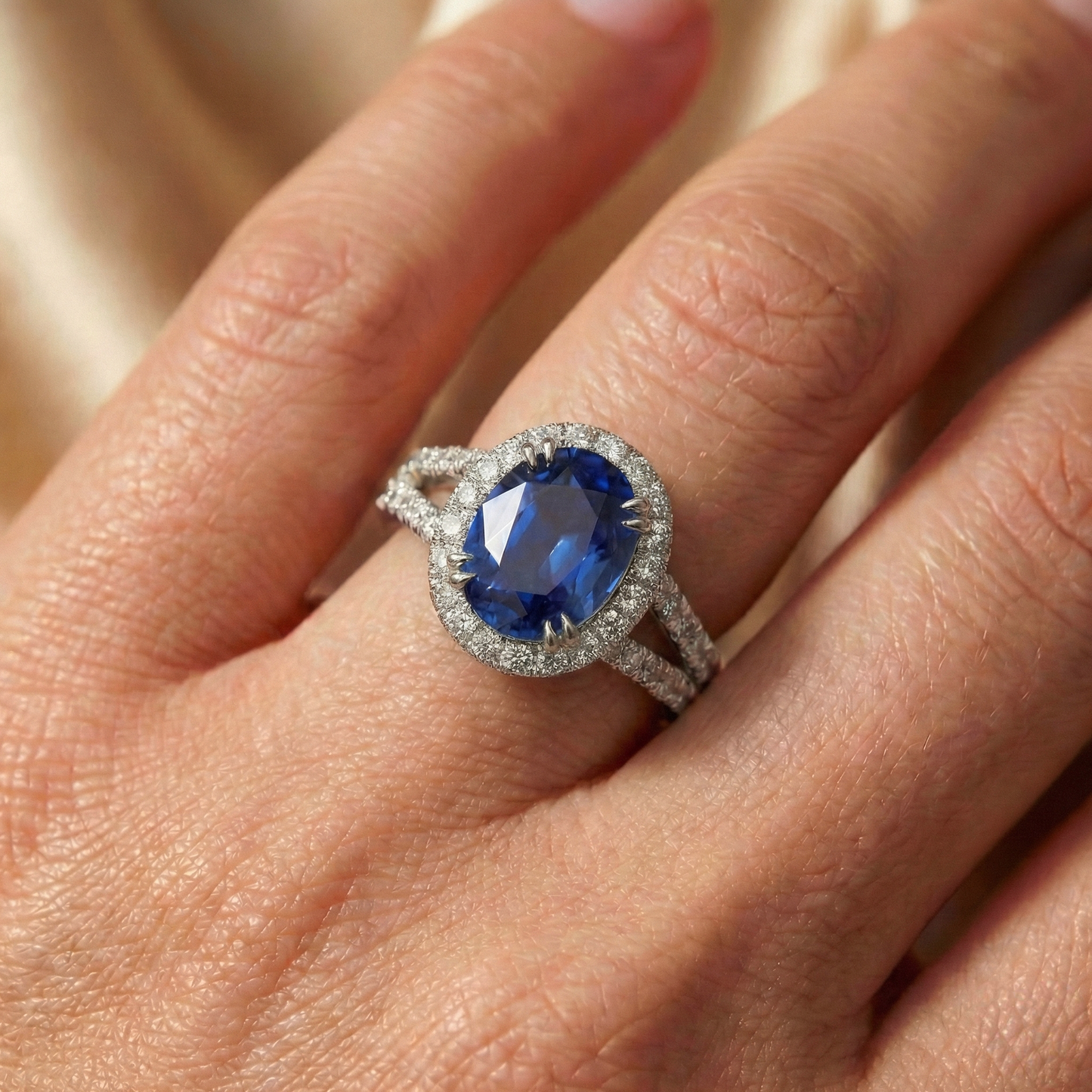 Natural Real ( Not Lab Grown )  Oval Sapphire Halo Wedding Ring Set Pave Split Shank 5 Carats Gold
