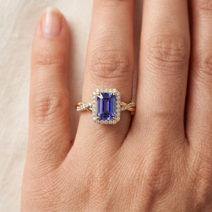 Natural Real ( Not Lab Grown )  Yellow Gold Halo Ring Emerald Shaped Sri Lankan Sapphire 3 Carats