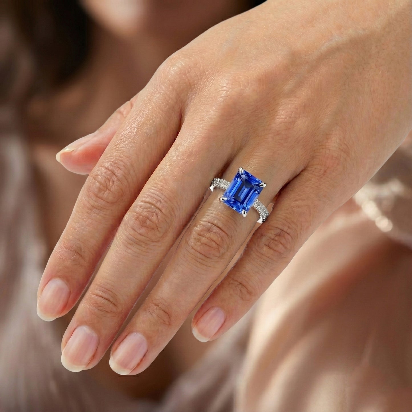 Natural Earth Mined Diamond Engagement Ring 5 Carats Radiant Sapphire Gemstone Jewelry