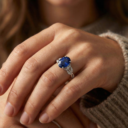 Natural Earth Mined Diamond Gemstone Ring Leaf Style Oval Cut Blue Sapphire 5 Carats