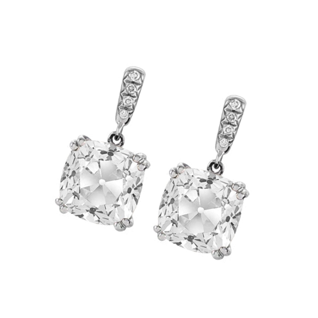 Natural Earth Mined Diamond Halo Drop Earrings 6.50 Carats Cushion Old Cut White Gold