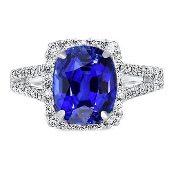 Natural Earth Mined Diamond Halo Oval Blue Sapphire Ring Split Shank 5.50 Carats Jewelry