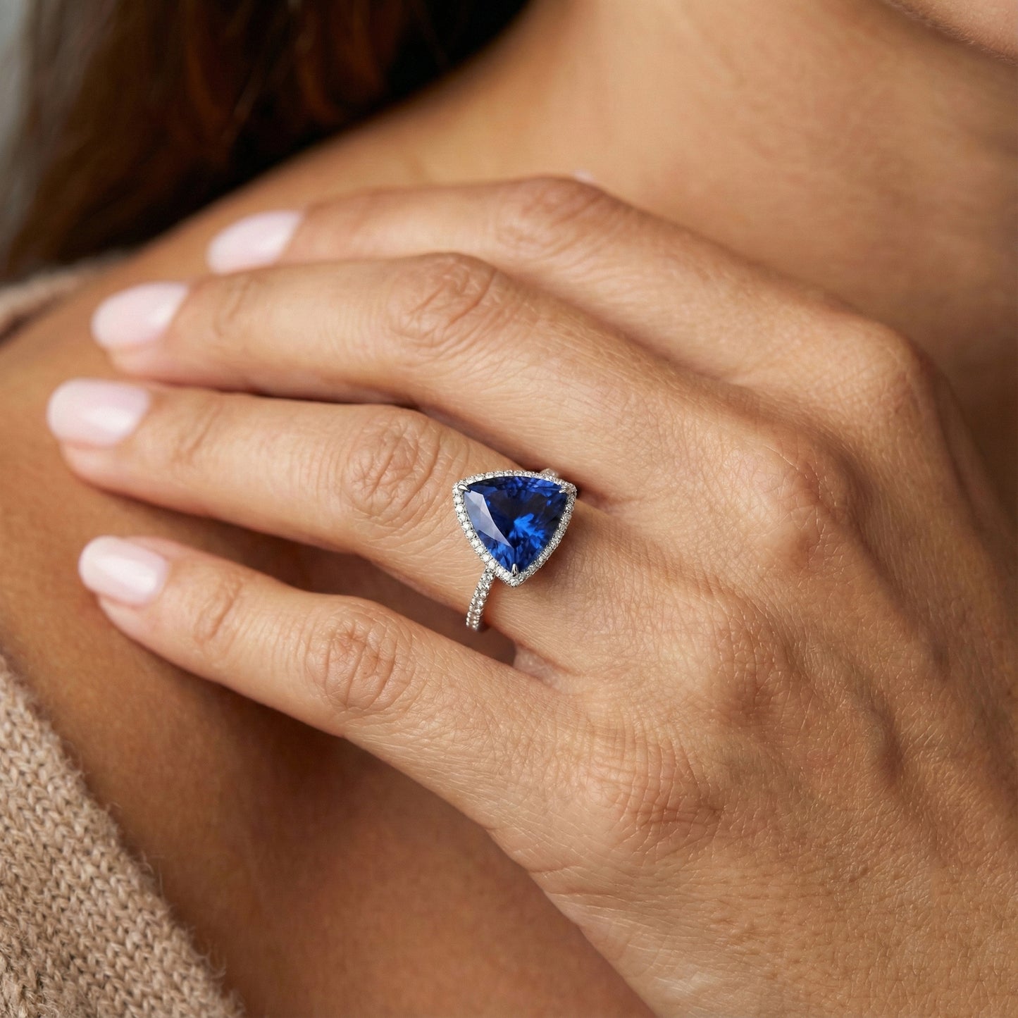 Natural Earth Mined Diamond Halo Ring Trillion Shaped Deep Blue Sapphire 4 Carats