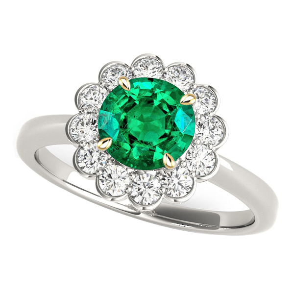 Natural Gemstone Ring Halo Green Emerald Round Diamonds