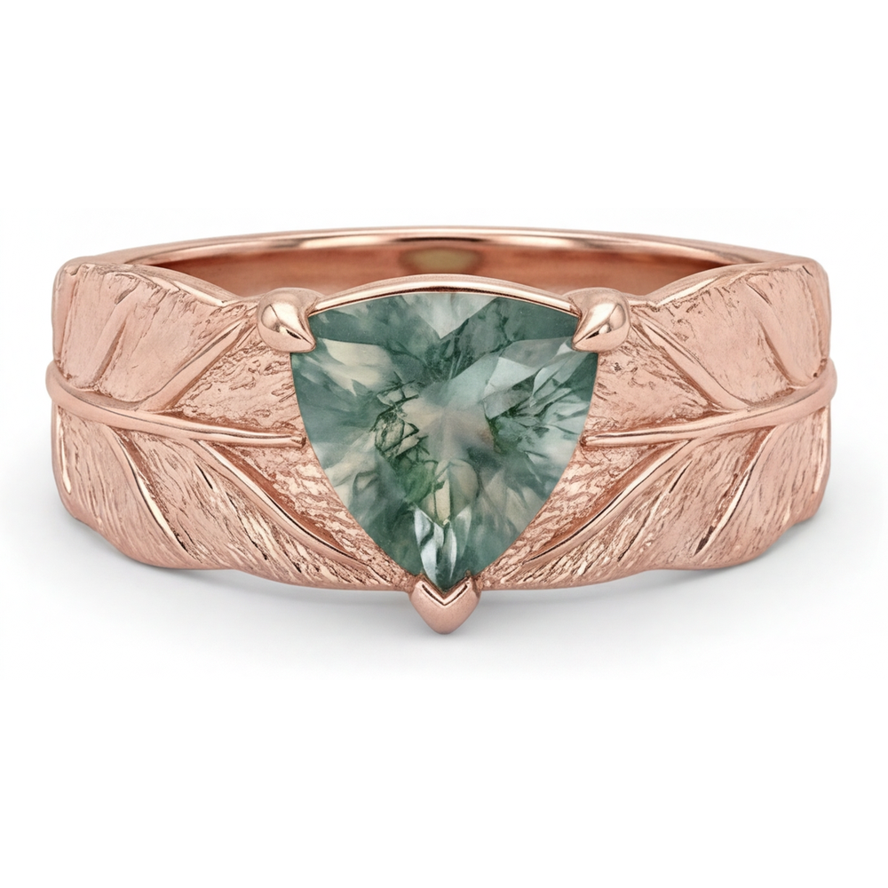 natural trillion moss agate 2ct ring front view