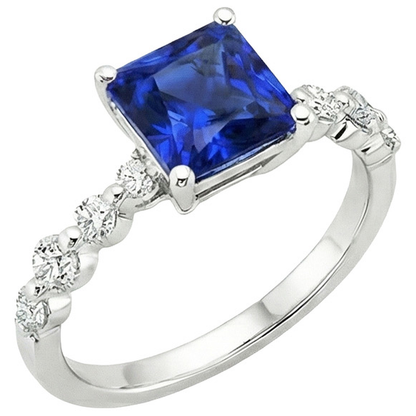 New Gold Princess Cut Natural Blue Sapphire With Accents Ring 4 Carats