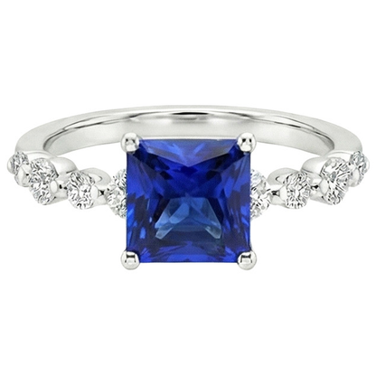 New Gold Princess Cut Natural Blue Sapphire With Accents Ring 4 Carats
