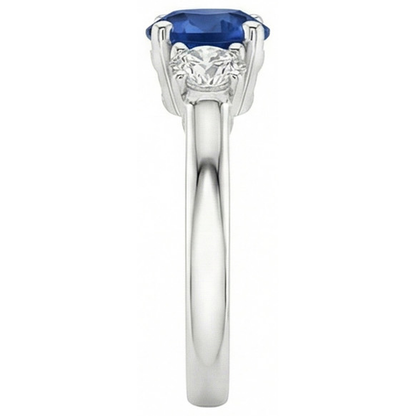New Three Stone Gold Ring Round Ceylon Sapphire And Natural Earth Mined Diamonds 3 Carats
