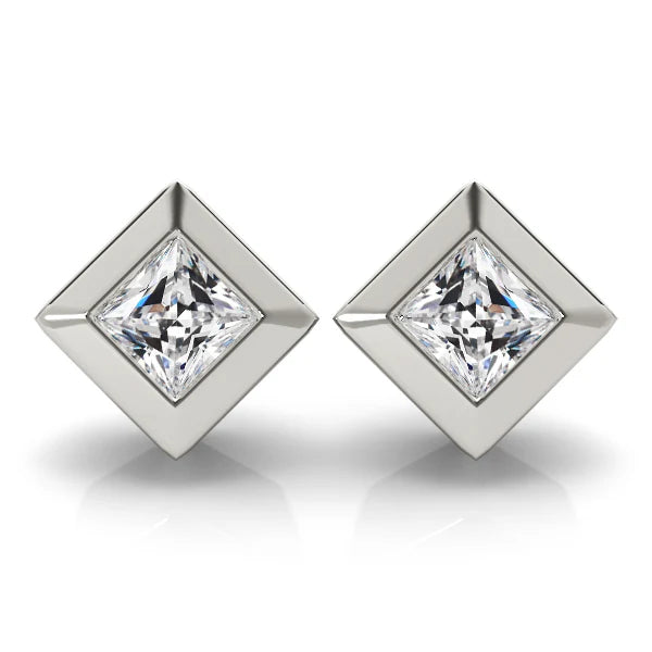 Old Cut Square Diamond Stud Mined Earrings Bezel Set 4 Carats