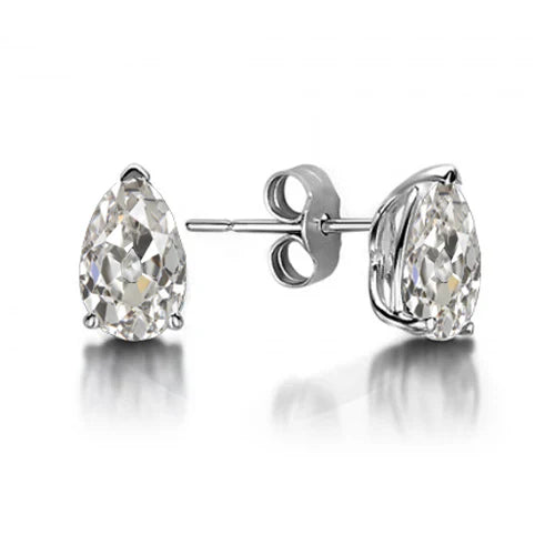 Old Miner Pear Stud Earth Mined Diamond Earrings 2 Carats White Gold