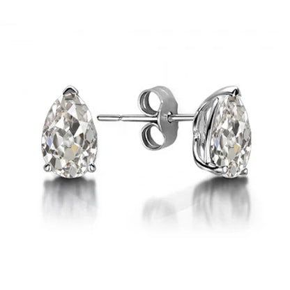 Old Miner Pear Stud Earth Mined Diamond Earrings 2 Carats White Gold