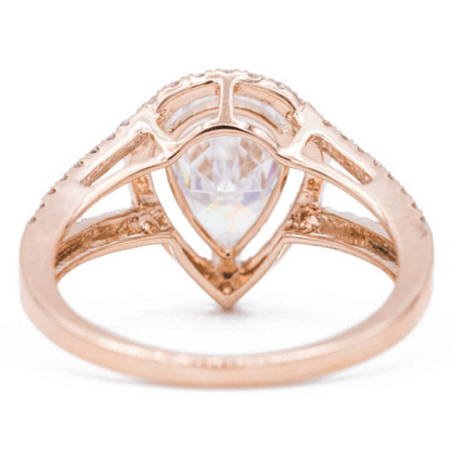 Old Cut Pear Halo Lab Grown Diamond Ring Split Shank 10.5 Carats Rose Gold