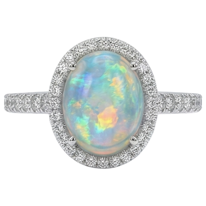 Opal And Natural Earth Mined Diamonds 11.20 Carats Anniversary Ring 14K White Gold