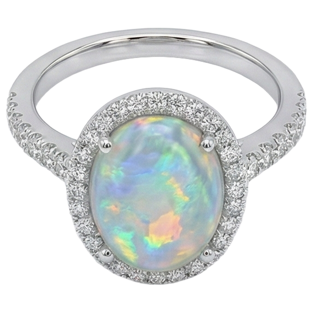 Opal And Natural Earth Mined Diamonds 11.20 Carats Anniversary Ring 14K White Gold
