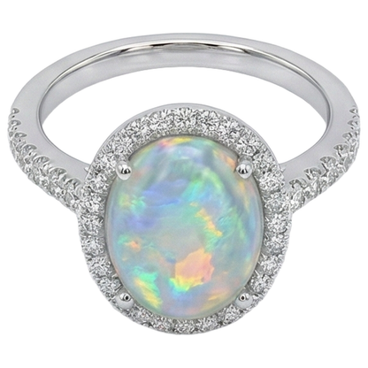 Opal And Natural Earth Mined Diamonds 11.20 Carats Anniversary Ring 14K White Gold