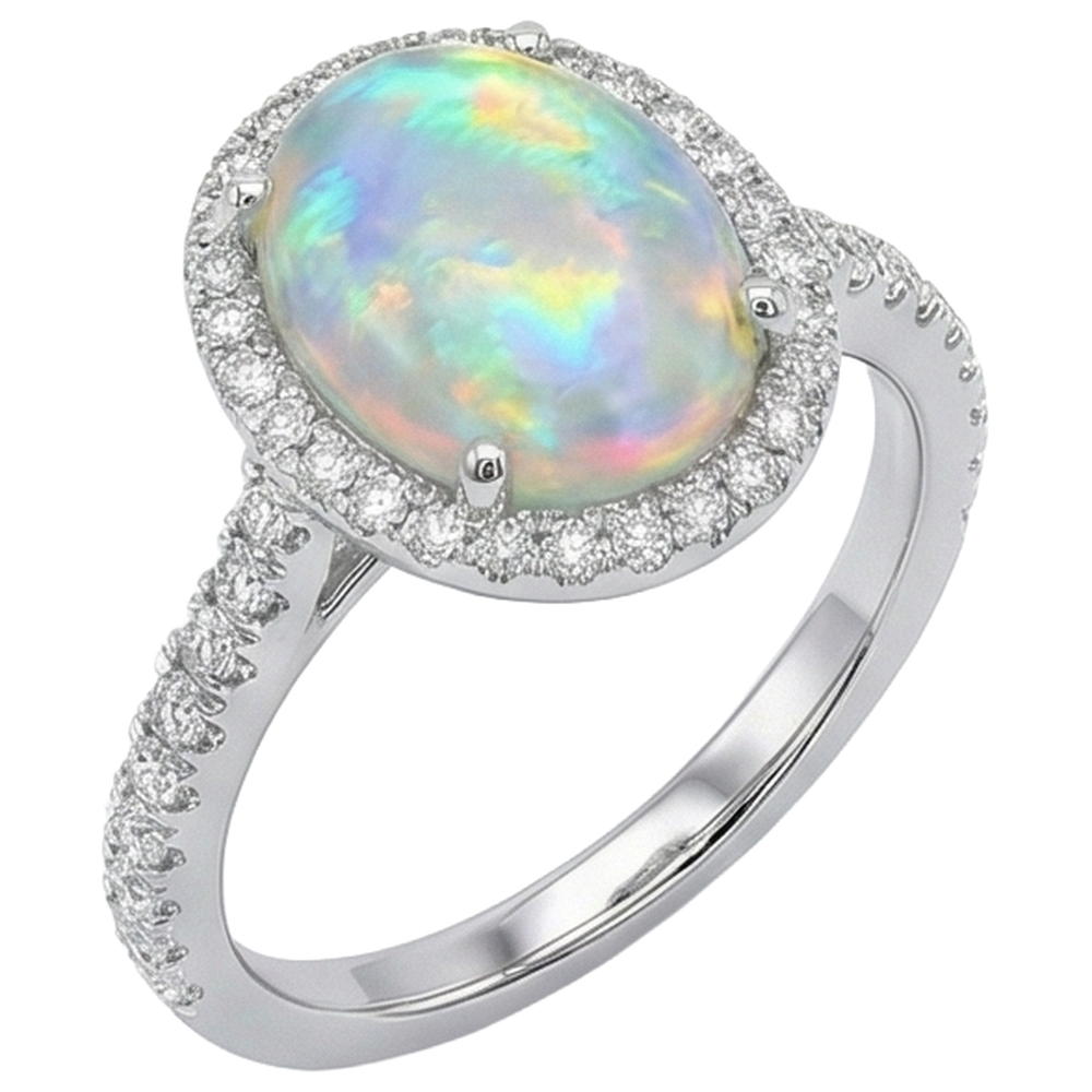 Opal And Natural Earth Mined Diamonds 11.20 Carats Anniversary Ring 14K White Gold