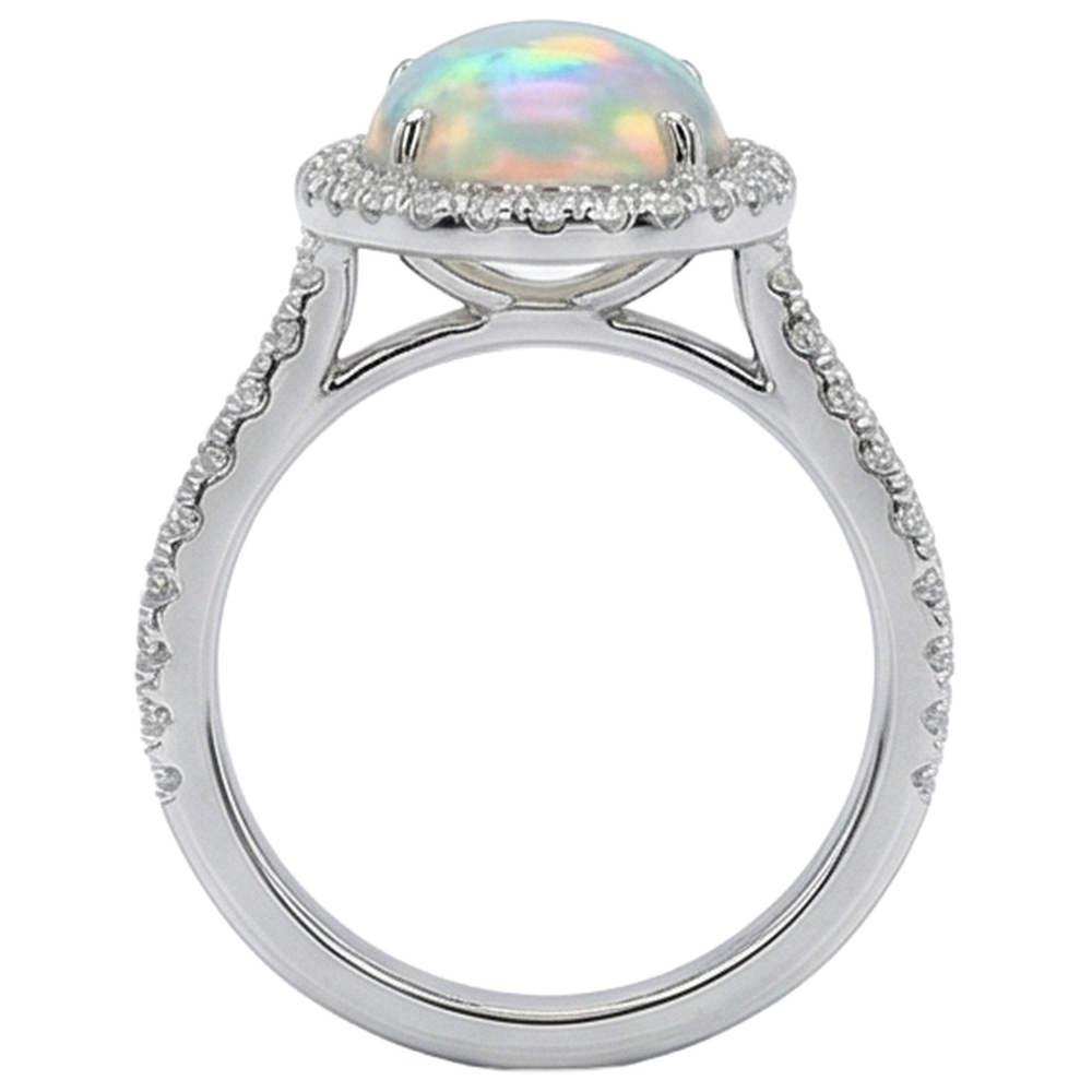 Opal And Natural Earth Mined Diamonds 11.20 Carats Anniversary Ring 14K White Gold
