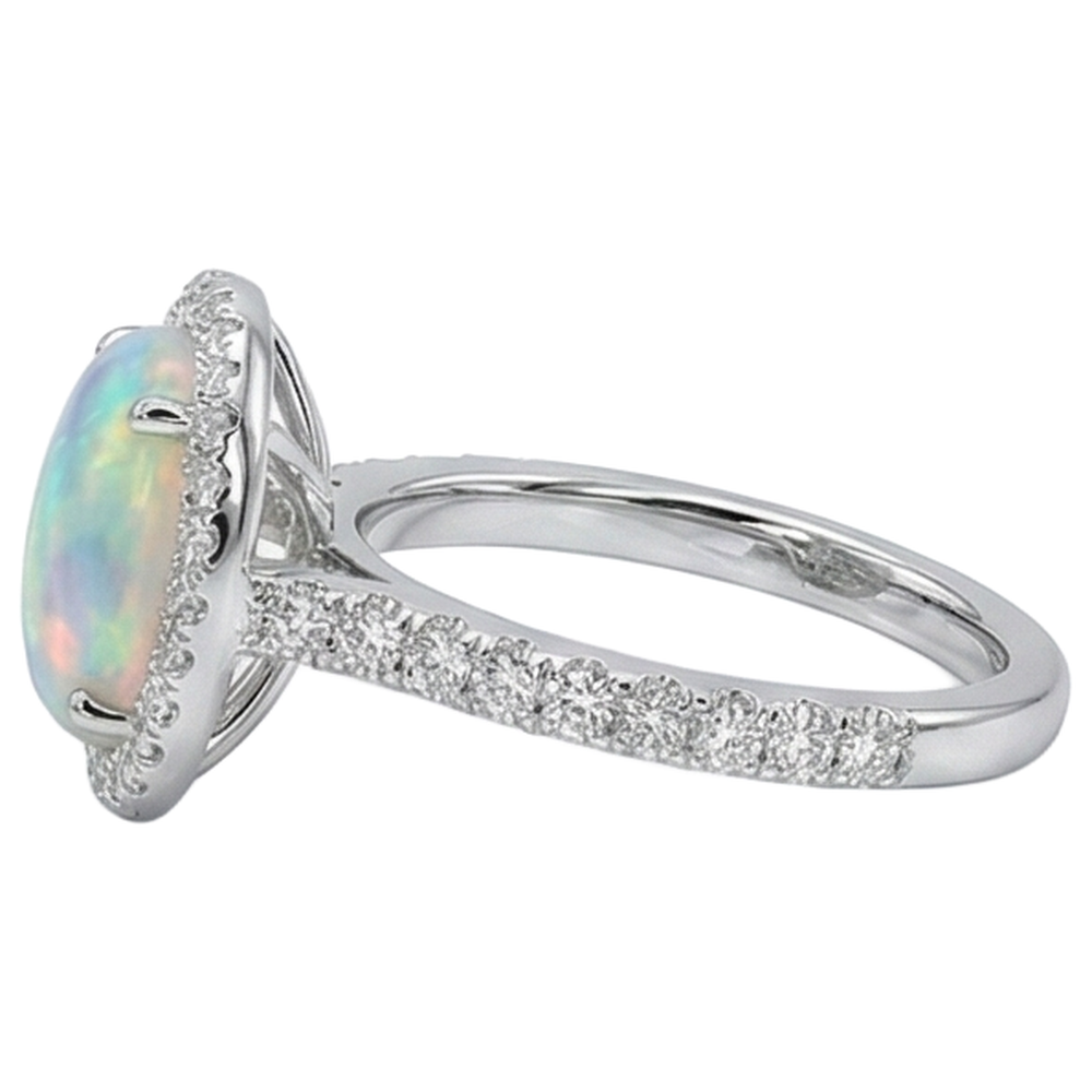 Opal And Natural Earth Mined Diamonds 11.20 Carats Anniversary Ring 14K White Gold