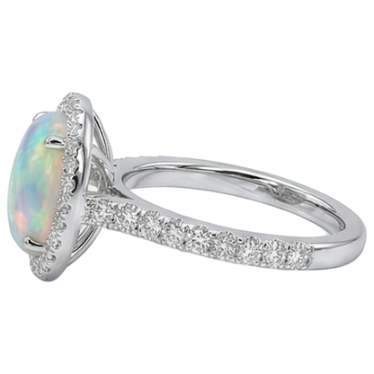 Opal And Natural Earth Mined Diamonds 11.20 Carats Anniversary Ring 14K White Gold