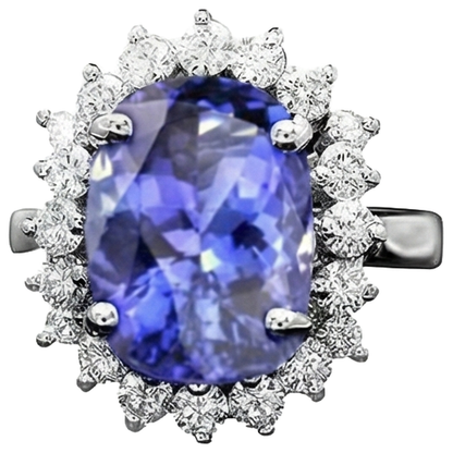 Oval AAA Tanzanite And Natural Earth Mined Diamonds 8 Carat Ring New White Gold 14K
