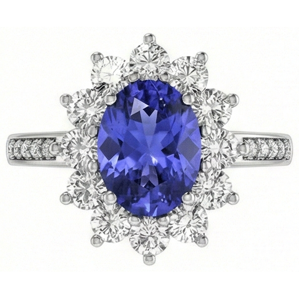 Oval And Round Brilliant Natural Earth Mined Diamonds 3.75 Carat Ring Tanzanite WG 14K