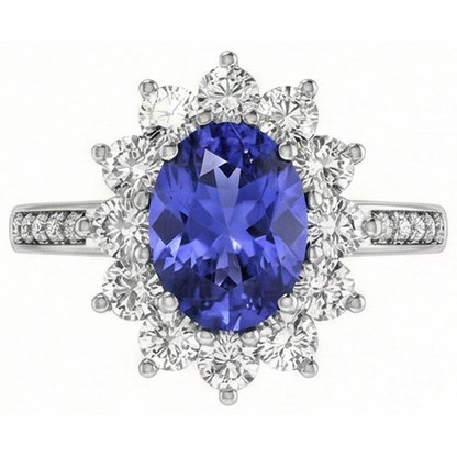 Oval And Round Brilliant Natural Earth Mined Diamonds 3.75 Carat Ring Tanzanite WG 14K
