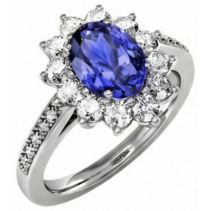 Oval And Round Brilliant Natural Earth Mined Diamonds 3.75 Carat Ring Tanzanite WG 14K