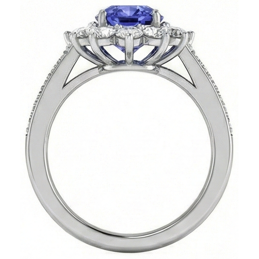 Oval And Round Brilliant Natural Earth Mined Diamonds 3.75 Carat Ring Tanzanite WG 14K