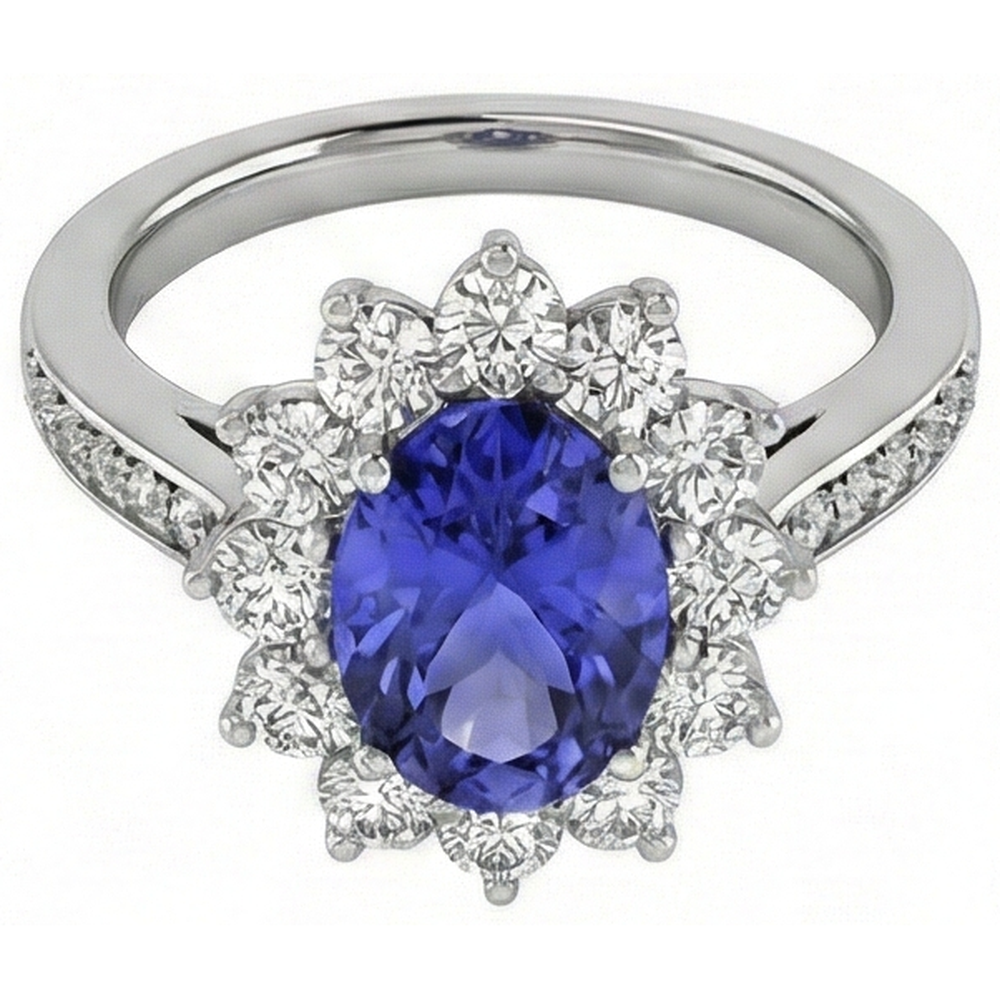 Oval And Round Brilliant Natural Earth Mined Diamonds 3.75 Carat Ring Tanzanite WG 14K