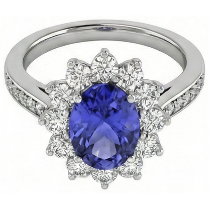 Oval And Round Brilliant Natural Earth Mined Diamonds 3.75 Carat Ring Tanzanite WG 14K