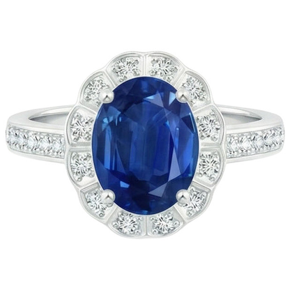 Oval And Round Cut 4.20 Ct Sapphire And Natural Earth Mined Diamonds Ring White Gold 14K