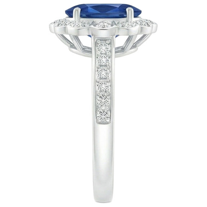 Oval And Round Cut 4.20 Ct Sapphire And Natural Earth Mined Diamonds Ring White Gold 14K