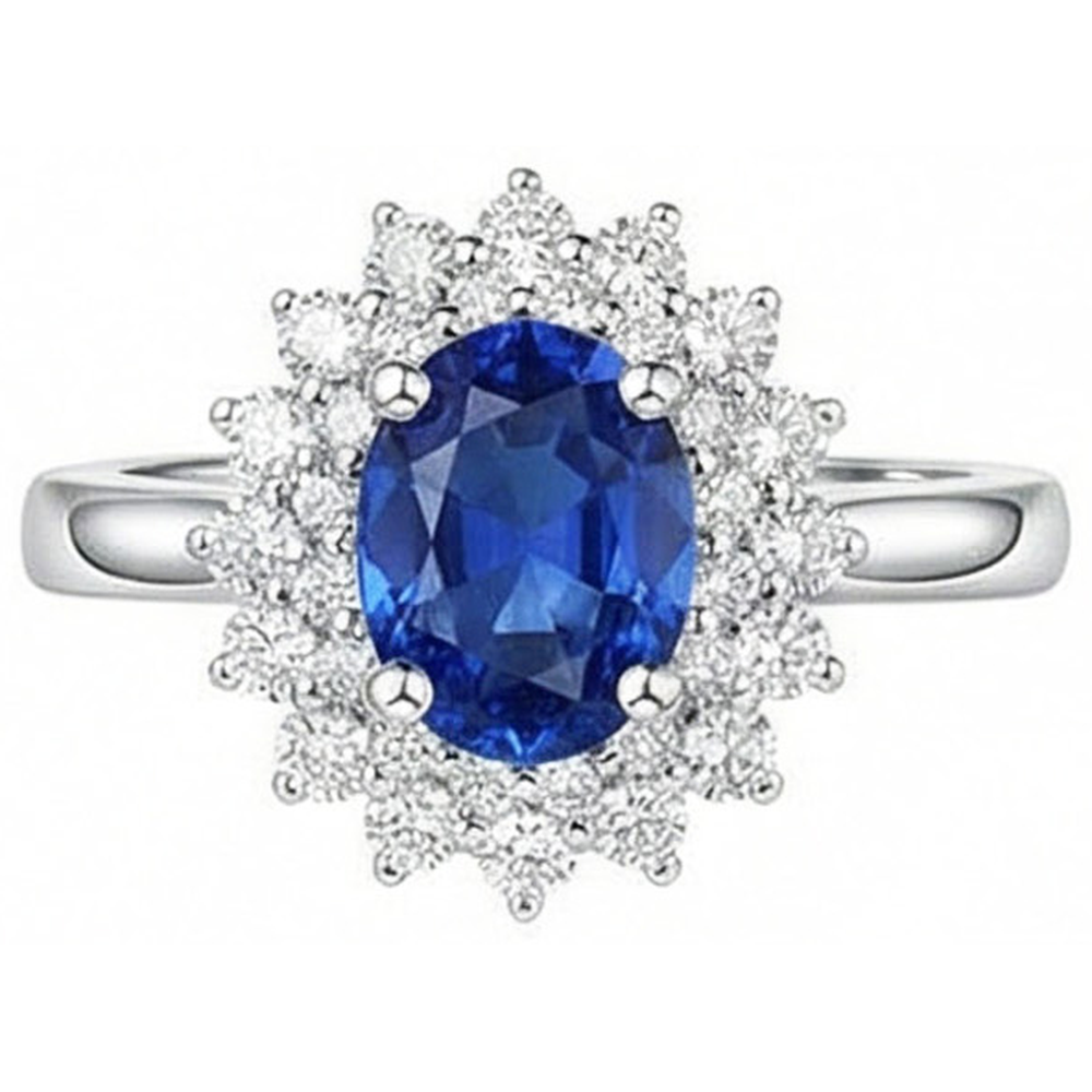 Oval And Round Cut 4 Ct Sri Lanka Sapphire Natural Earth Mined Diamonds Halo Ring
