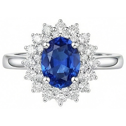 Oval And Round Cut 4 Ct Sri Lanka Sapphire Natural Earth Mined Diamonds Halo Ring