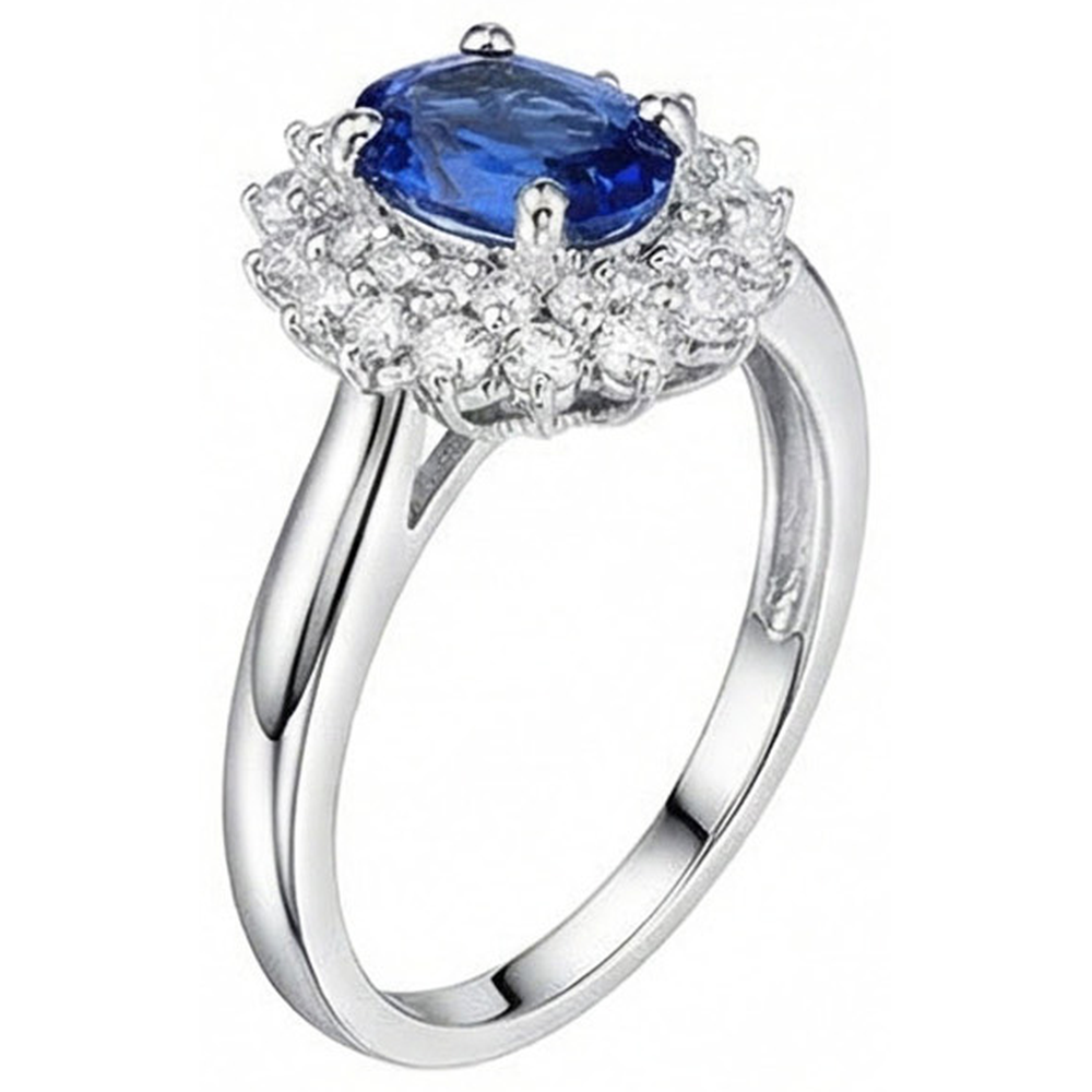Oval And Round Cut 4 Ct Sri Lanka Sapphire Natural Earth Mined Diamonds Halo Ring