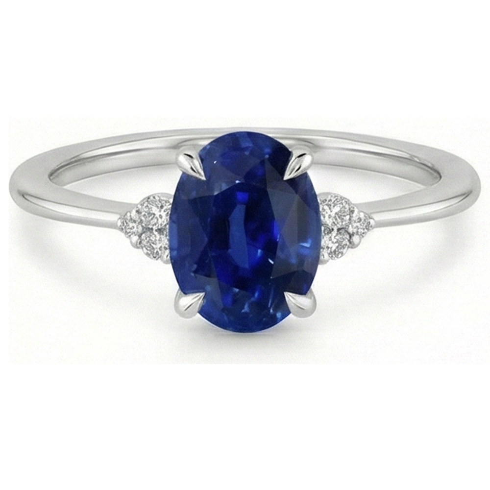 Oval Anniversary Ring Ceylon Sapphire & Natural Earth Mined Diamonds White Gold 3 Carats