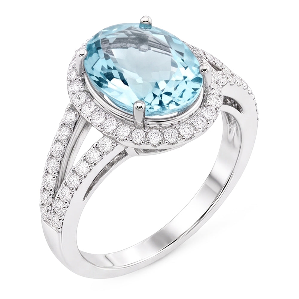Oval Aquamarine And Natural Earth Mined Diamonds 16.35 Ct Anniversary Ring White Gold