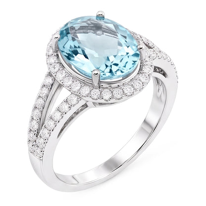 Oval Aquamarine And Natural Earth Mined Diamonds 16.35 Ct Anniversary Ring White Gold