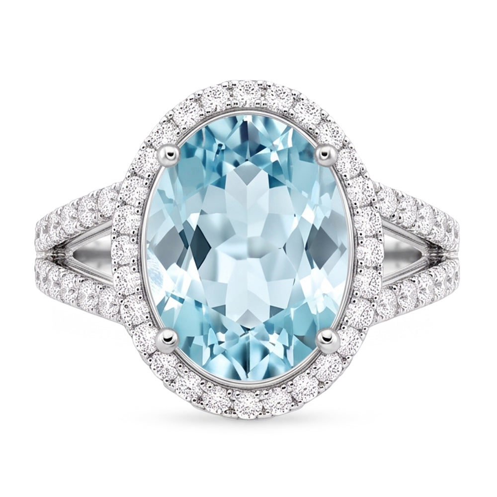 Oval Aquamarine And Natural Earth Mined Diamonds 16.35 Ct Anniversary Ring White Gold
