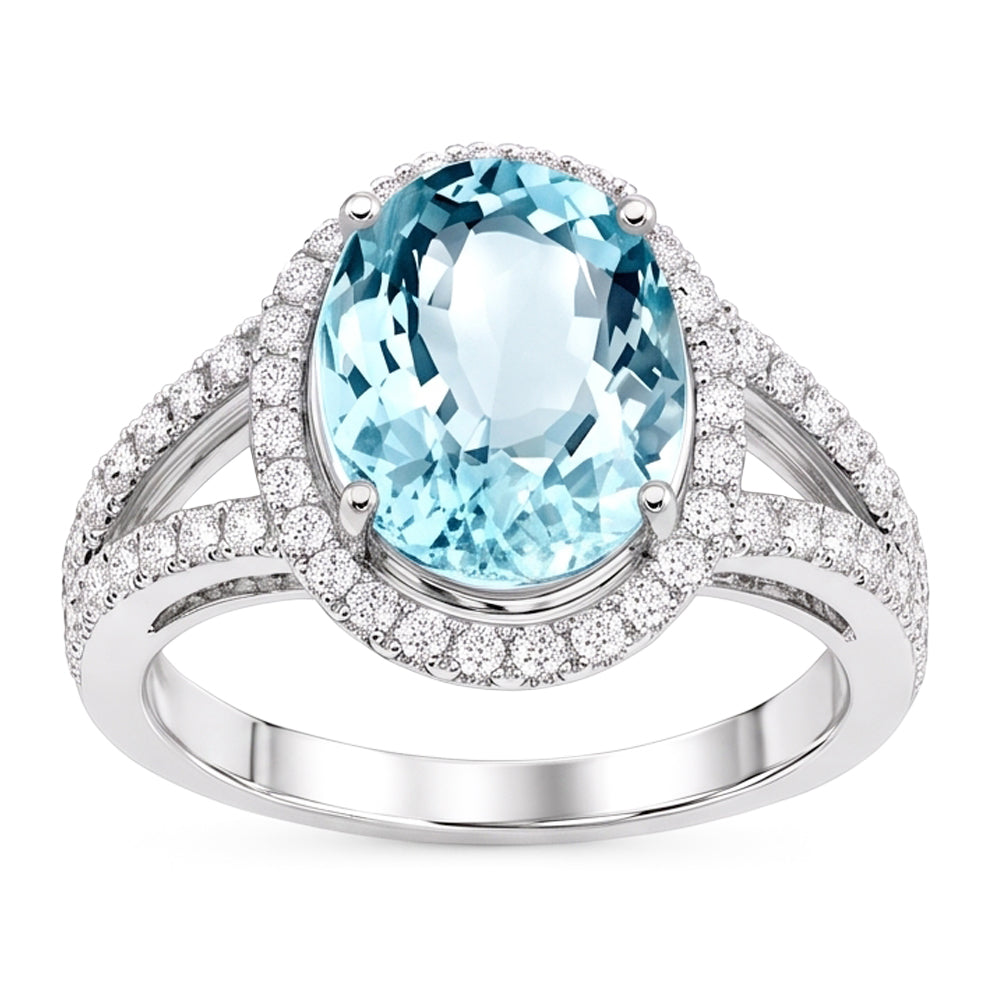 Oval Aquamarine And Natural Earth Mined Diamonds 16.35 Ct Anniversary Ring White Gold