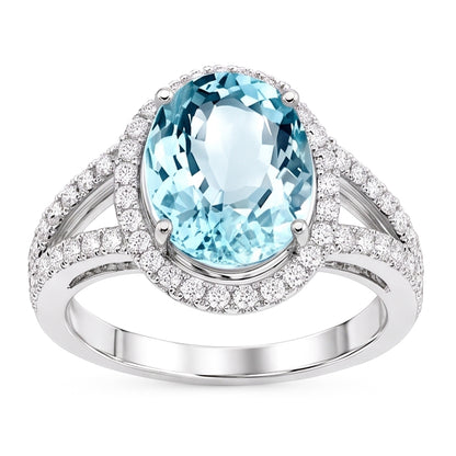 Oval Aquamarine And Natural Earth Mined Diamonds 16.35 Ct Anniversary Ring White Gold